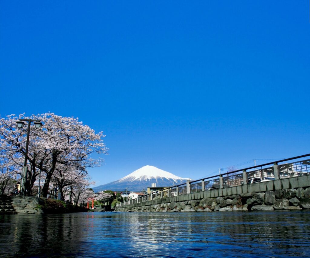 富士山をバックに流れる神田川の写真